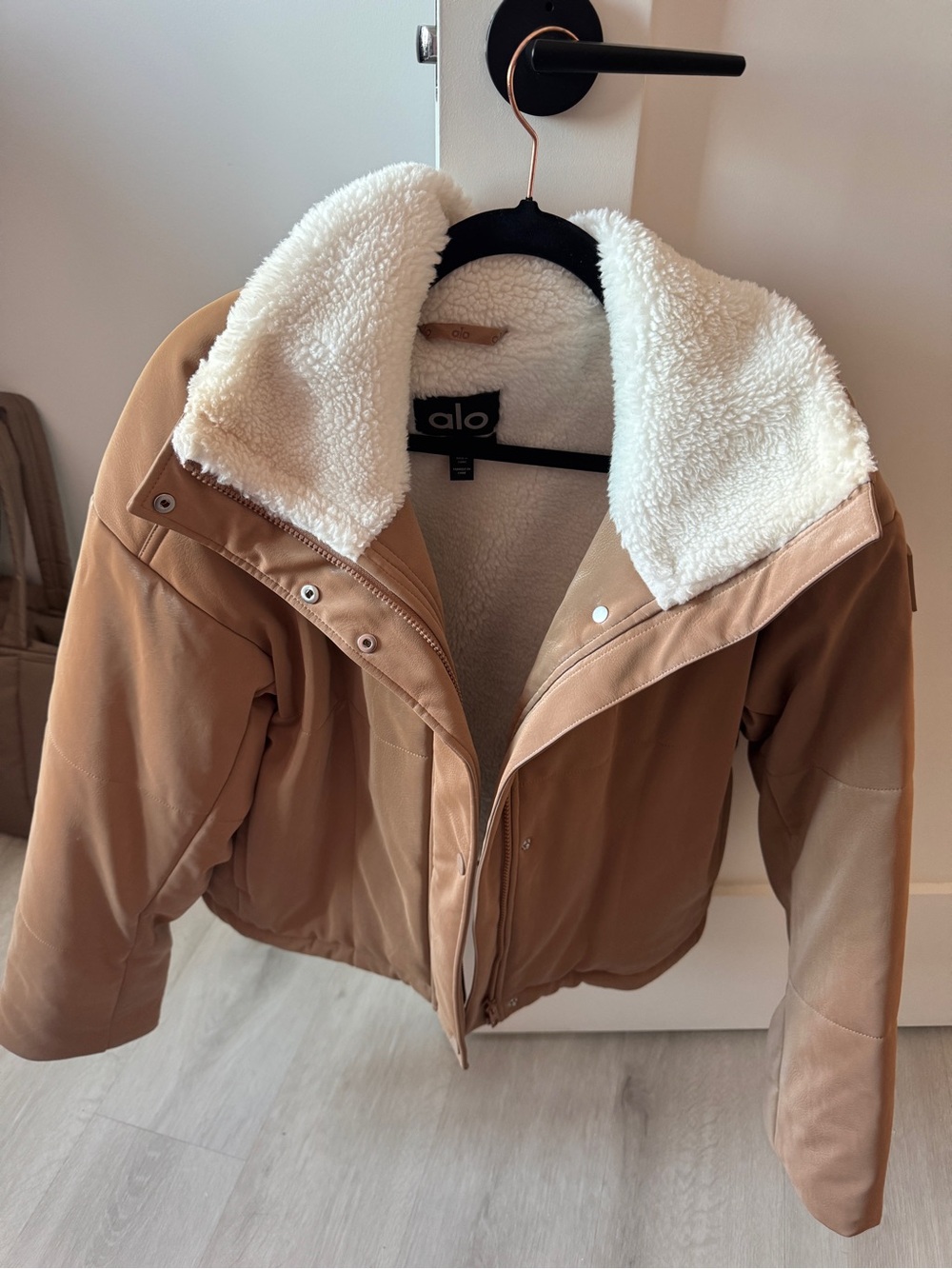 Alo Women's Tan Leather Sherpa-Lined Jacket